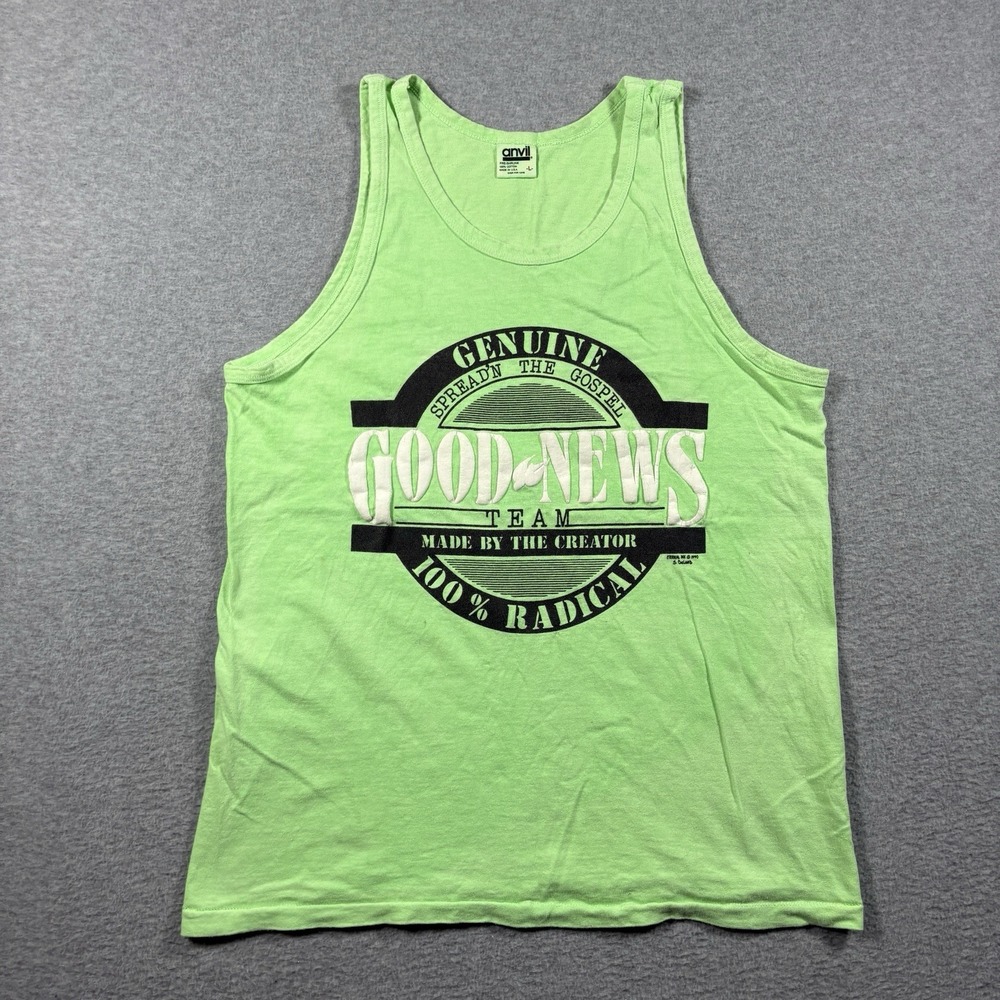 Vtg 1990 Good News Christian Tank Top Mens L Neon Green Anvil USA Made
